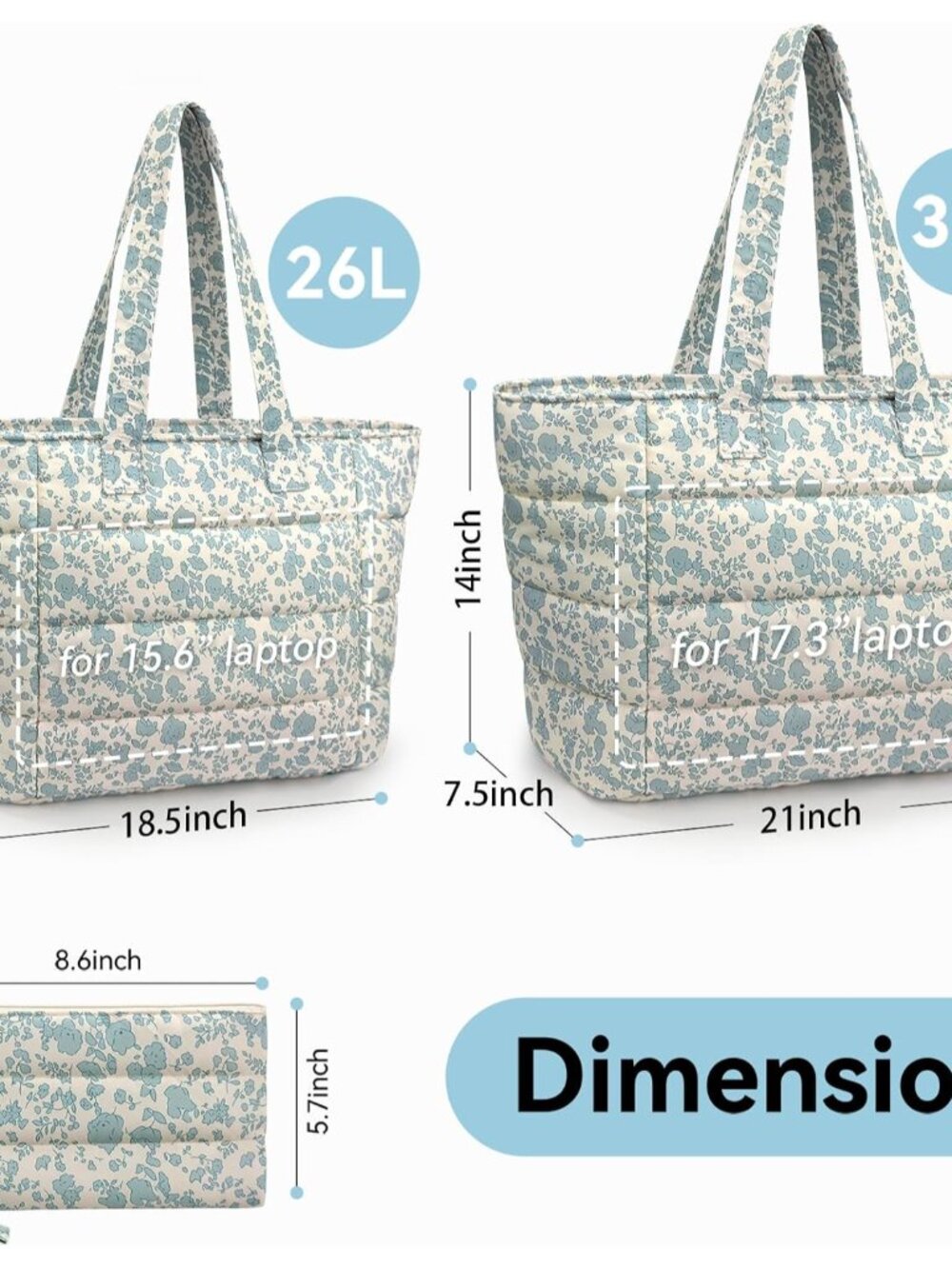 Puffer Tote Bag with Pouch, Women's Lightweight Quilted Shoulder Bag, 15.6"/17.3 - Picture 3 of 8